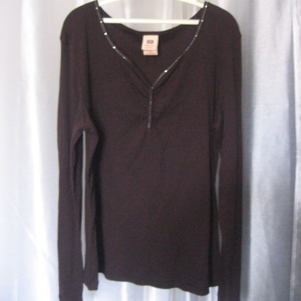 Faded Glory Brown V Neck Long Sleeve Shirt Sz XL